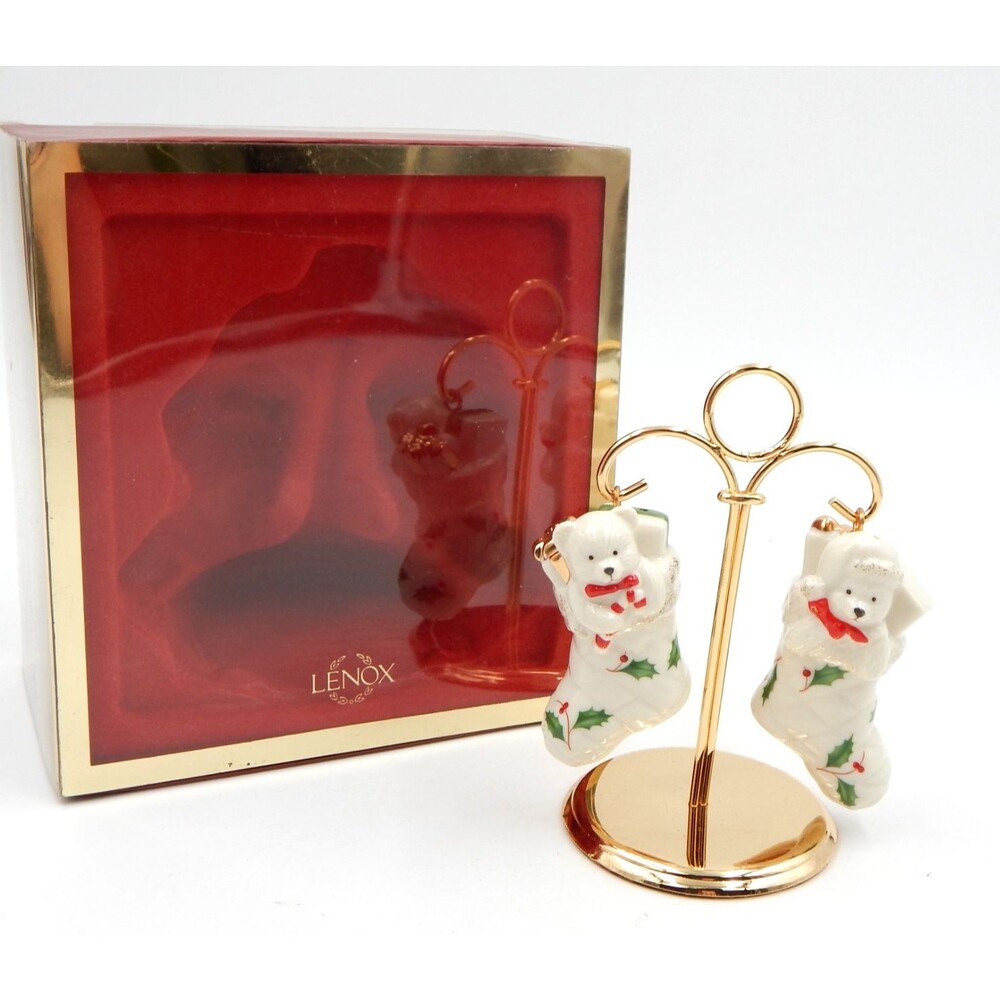 Lenox Holiday Stocking Salt & Pepper Shakers With Stand Teddy Bear Holly